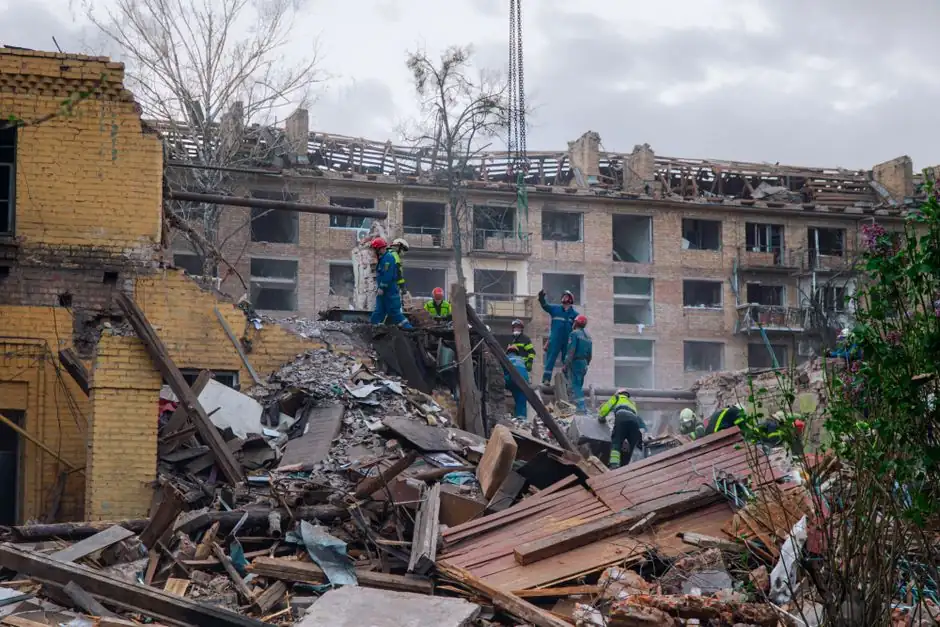 Firefighters navigate the destruction in Kyiv, Ukraine, showcasing bravery and resilience in wartime.