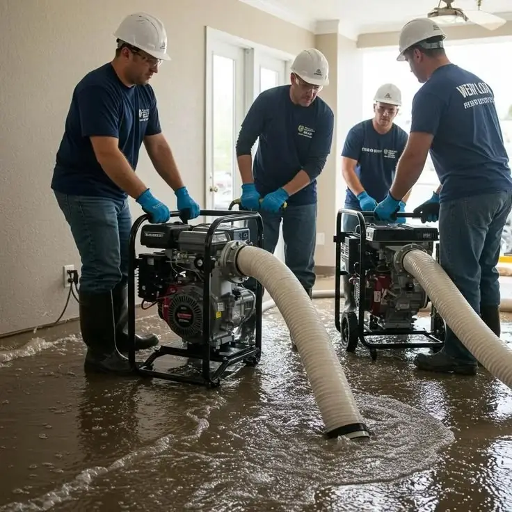 Water damage restoration technician extracting water from a flooded home in Everett, WA