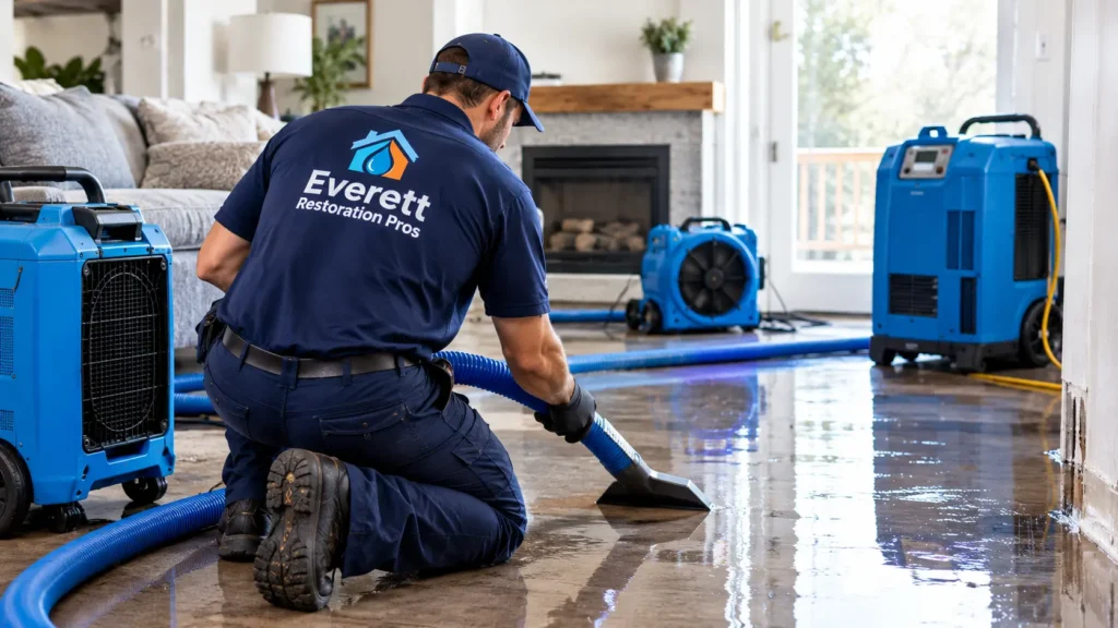 24/7 emergency water damage response in Everett, WA with professional water extraction and structural drying equipment.