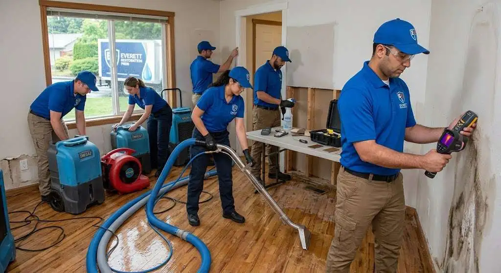 Professional restoration team following a five-step restoration process for damaged properties in Snohomish County.