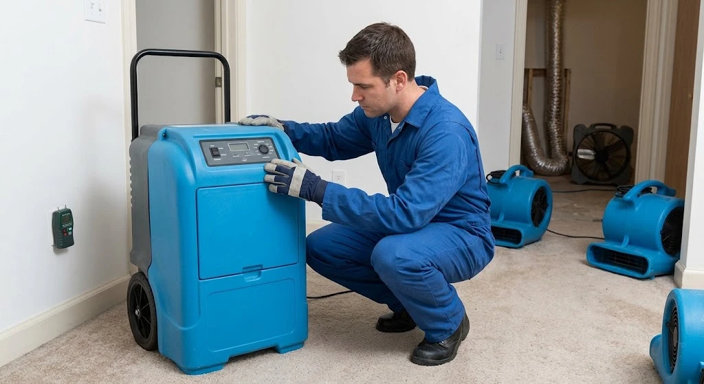 Generic water damage restoration technician deploying clean blue industrial dehumidifiers in Everett WA