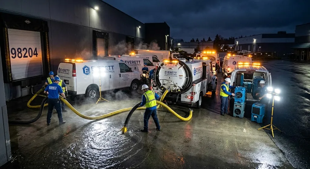 Emergency commercial and industrial water damage response in South Everett, WA 98204, with water extraction trucks and restoration crews.
