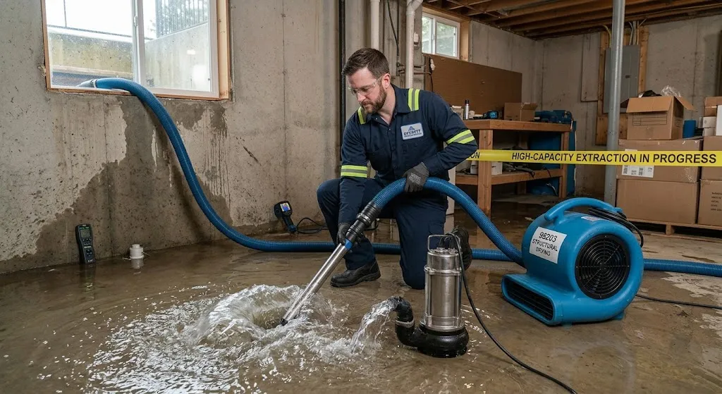 Professional water damage technicians using high-capacity extraction equipment to remove standing water from a flooded property in Everett, WA.