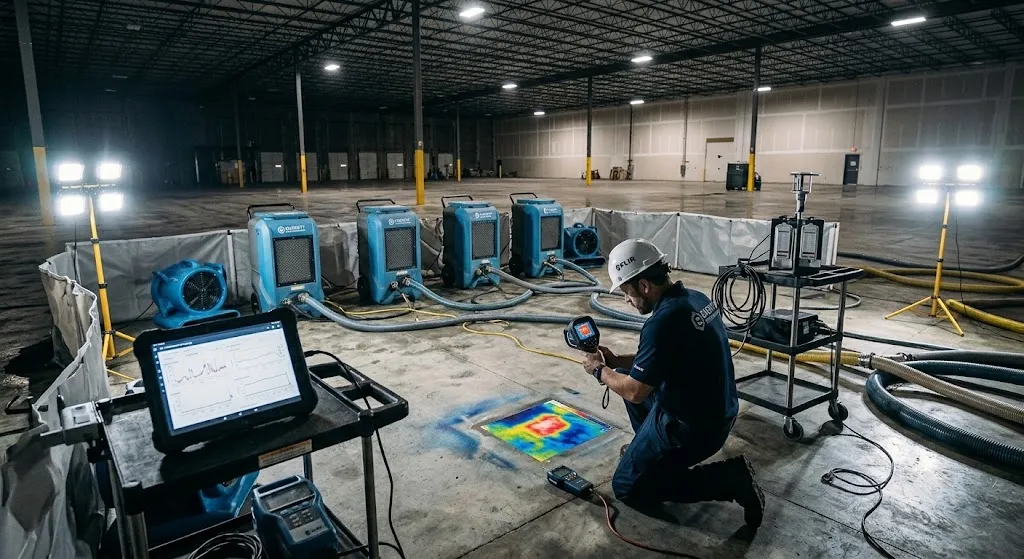 Precision Thermal Inspection & Psychrometric Dehumidification Setup with LGR Units Alt Text: Thermal imaging inspection and LGR dehumidifiers used for commercial water damage restoration and structural drying.