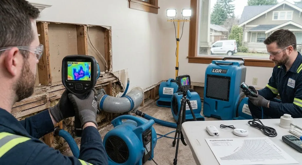 Water damage technician using a thermal imaging camera to detect hidden moisture and professional dehumidification equipment to dry a property in Everett, WA.
