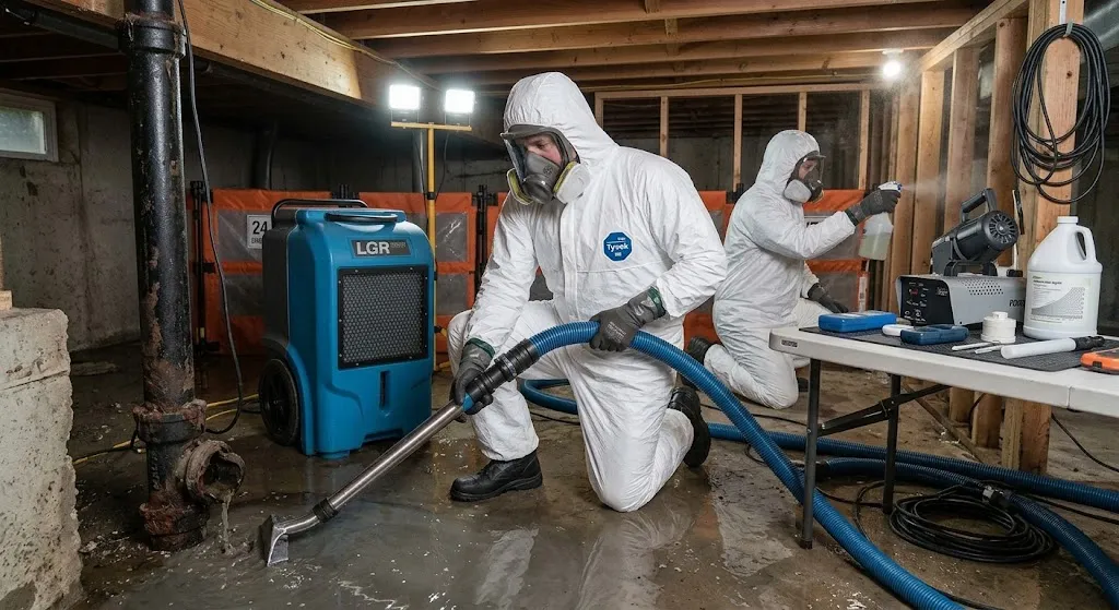Professional cleanup technician wearing protective equipment while cleaning sewage-contaminated flooring and sanitizing an affected property in Everett, WA.