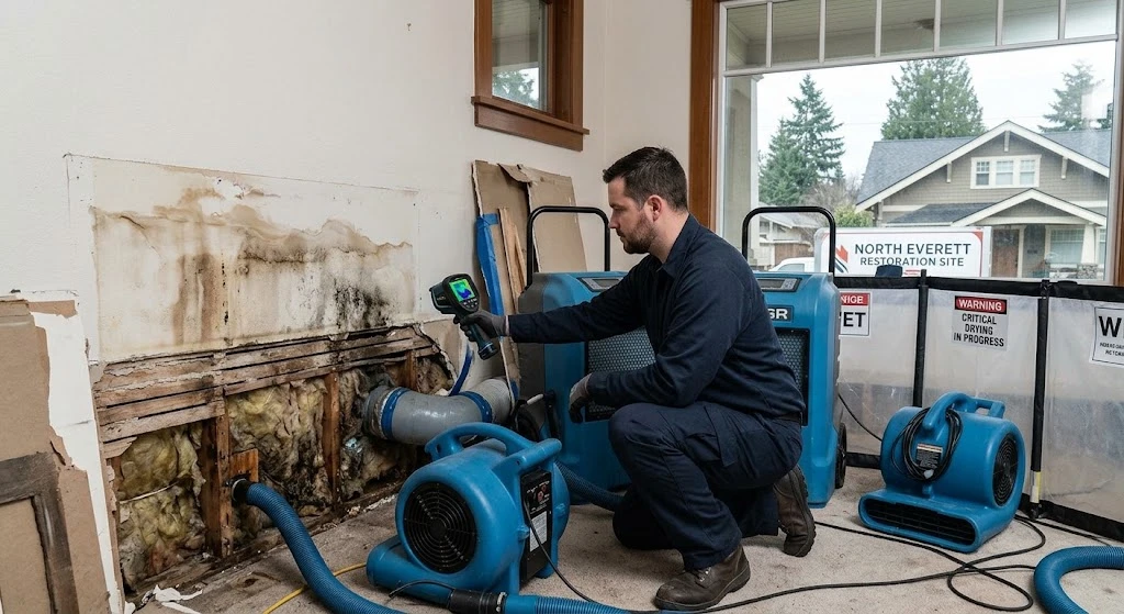 A detailed photograph explaining why professional restoration is critical for North Everett properties, showing a technician using infrared thermal imaging and moisture meters to detect hidden structural damage and incipient mold growth inside an older craftsman home.